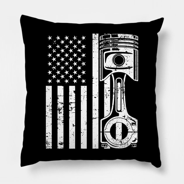 Patriotic American Flag Piston Muscle Car Vintage Distressed Pillow by hobrath