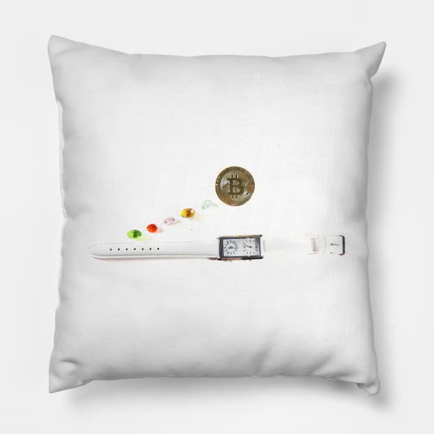 Bitcoin coin and watch, time. Concept of mining business, wealth, miner, cryptocurrency, success Pillow by grafinya