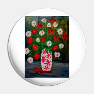 Poppies and daisy's in a white vase with pink stars Pin