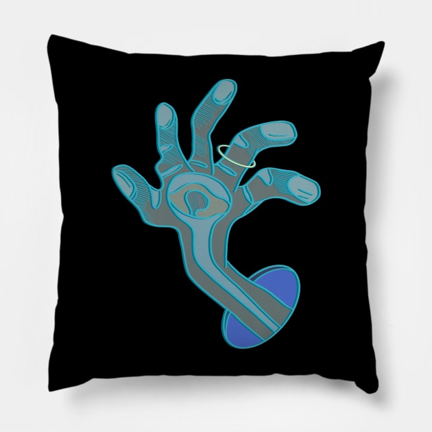 Weird abstract hand drawing coming out of a blue hole in light blue and brown colors Pillow by DaveDanchuk