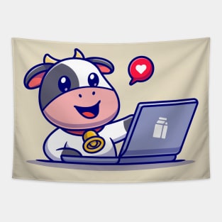 Cute Cow Working On Laptop Cartoon Tapestry