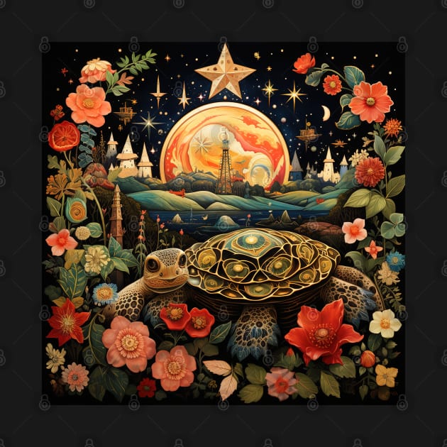 Surrealistic Folk Art Dark Floral Motif Turtle Design by The Little Store Of Magic