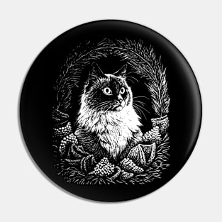 Cat in a Christmas wreath art in a linear style Pin