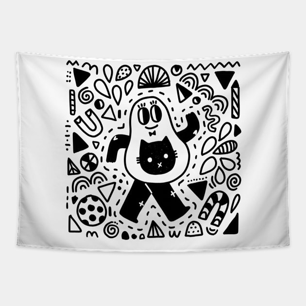 Funny adorable avocado and cat doodles Tapestry by kostolom3000