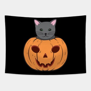 Halloween Cat With Witch Hat Stuck In A Pumpkin Head. Tapestry