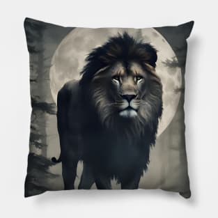 Lion in the Foggy Forest Under the Big Moon Pillow