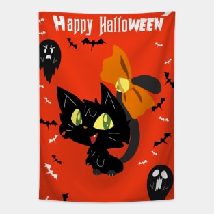 Orange Happy Halloween - Black Cat with a Bow Tapestry