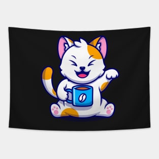 Cat and Coffee Kawaii Blue - Cute Tapestry