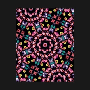 Pink Floral Fractal on Black T-Shirt