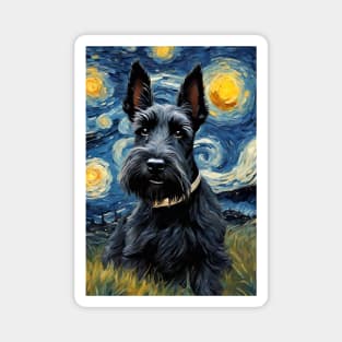 Adorable Scottish Terrier Dog Breed Painting in a Van Gogh Starry Night Art Style Magnet