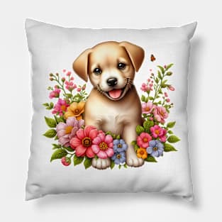 A golden retriever puppy decorated with beautiful colorful flowers. Pillow