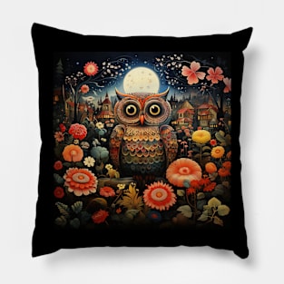 Surrealistic Folk Art Dark Floral Motif Owl Design Pillow