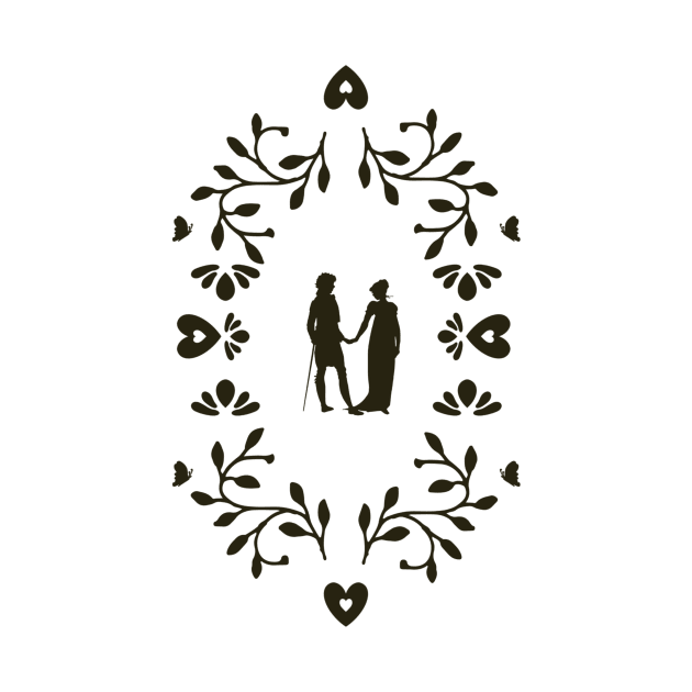 Pride and Prejudice Silhouette of Mr. Darcy and Elizabeth Bennet from Writer Jane Austen in a Folk Art Botanical Frame With Romantic Hearts and Butterflies Black and White Victorian Frame by penandbea