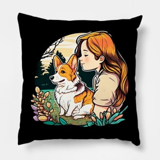 Corgi & Girl Funny Pembroke Welsh Corgi Retro Dog Lover Pillow