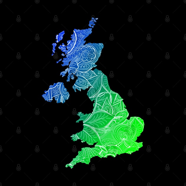 Colorful mandala art map of United Kingdom with text in blue and green by Happy Citizen