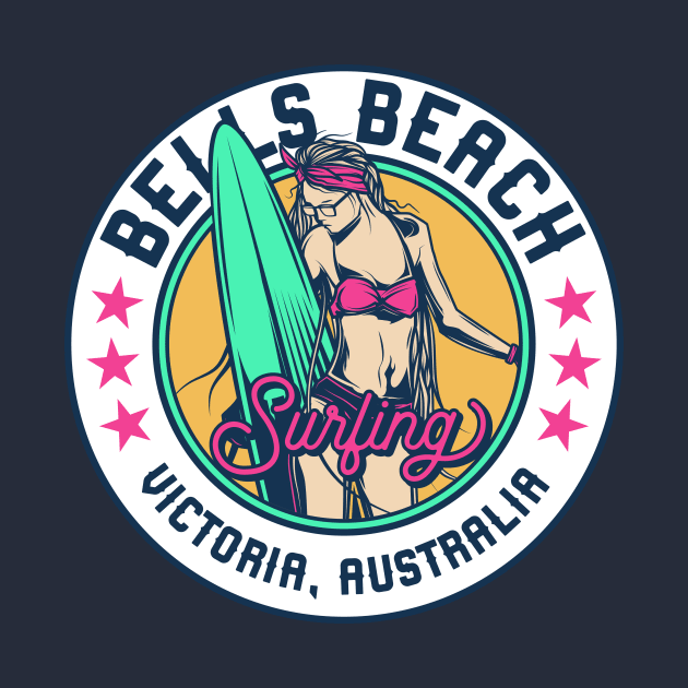 Retro Surfer Babe Badge Bells Beach Victoria, Australia by Now Boarding