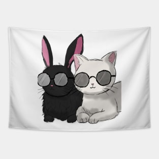 Cool Duo: White Cat and Black Rabbit in Harmony Tapestry