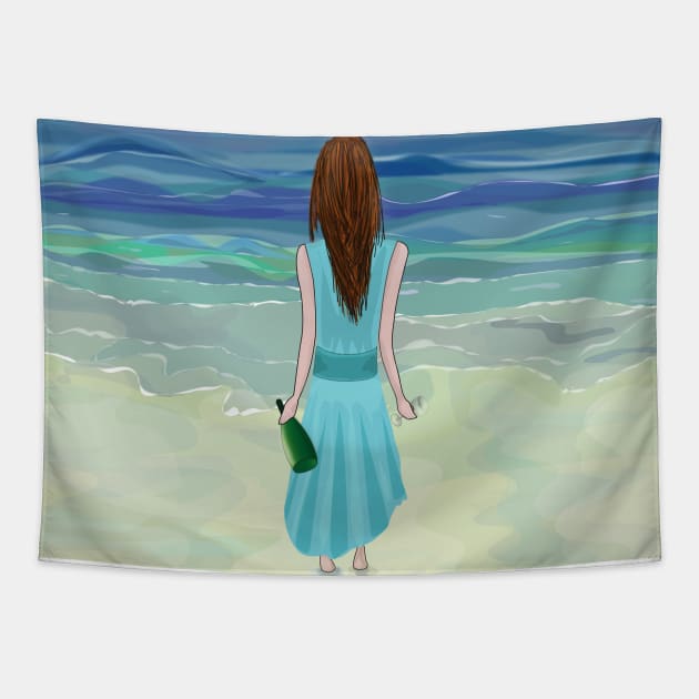 Woman Standing in Front of the Ocean with Bottle of Champagne and a Glass Tapestry by ibadishi