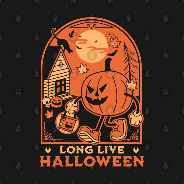 Long Live Halloween - Retro Vintage Halloween Pumpkin Cat by OrangeMonkeyArt