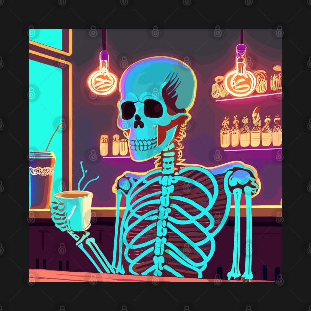 Neon skeleton drinking coffee by designfurry 
