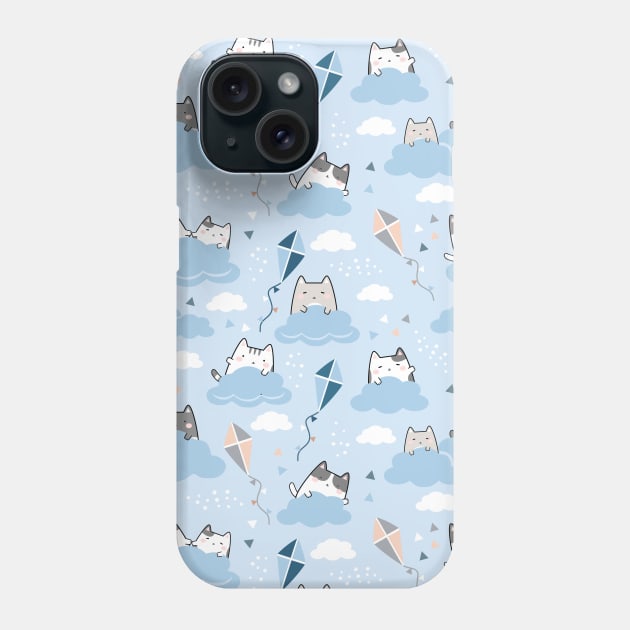 Seamless Pattern clouds Kite Cute Kawaii Cats Phone Case by jodotodesign