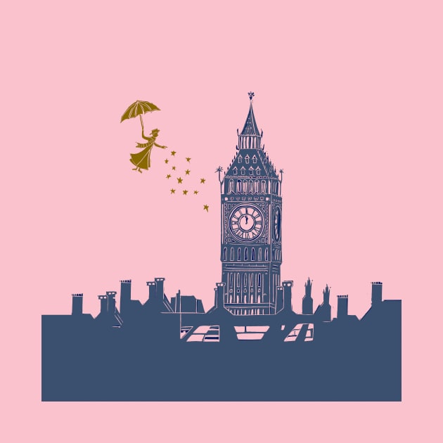 Mary Poppins and Big Ben in Blue and Pink by Maddybennettart