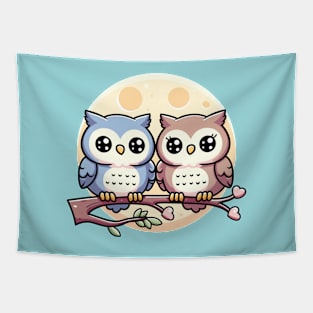 Owls Couple Romantic Moon Valentine Tapestry