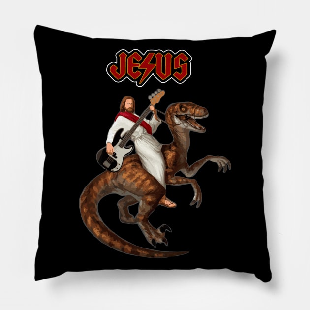 Jesus ridding a dinosaur with a guitar Pillow by VinagreShop