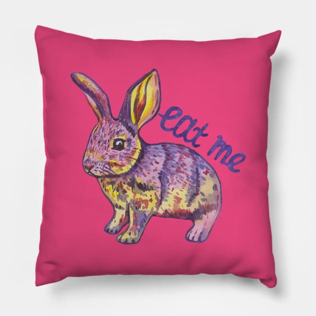 Violet yellow rabbit saying Eat me Pillow by deadblackpony
