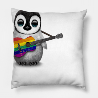 Baby Penguin Playing Gay Pride Rainbow Flag Guitar Pillow