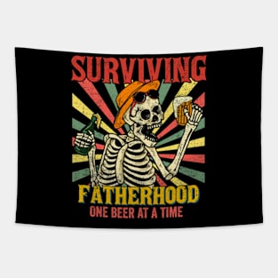 Surviving Fatherhood One Beer At A Time, Dad Bod, Fatherhood, Funny Skeleton Dad, Best Dad Ever Tapestry