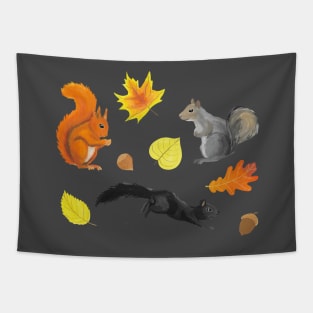 Cute squirrels in a forest pattern: red, black, and gray on a green background Tapestry