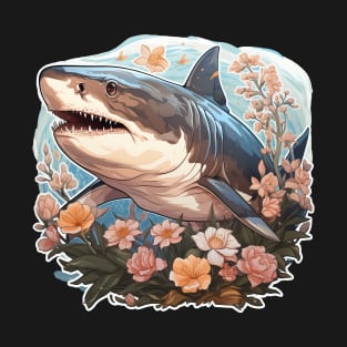 WHITE shark colorful Flower Illustration T-Shirt