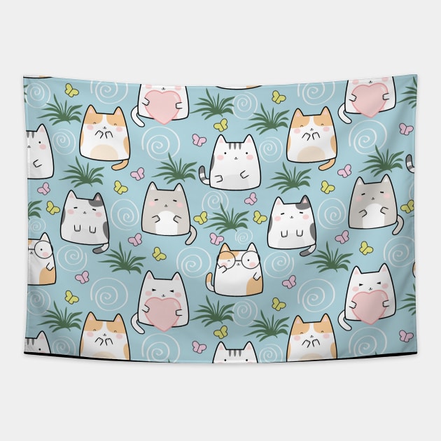 Seamless Pattern Cute Kawaii Cats Tapestry by jodotodesign