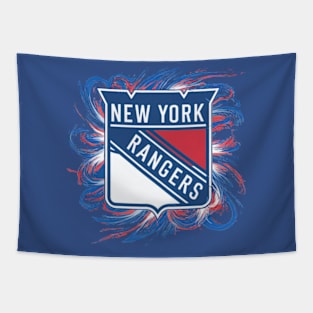 The striking geometric patterns and vivid colors of the New York Rangers logo Tapestry