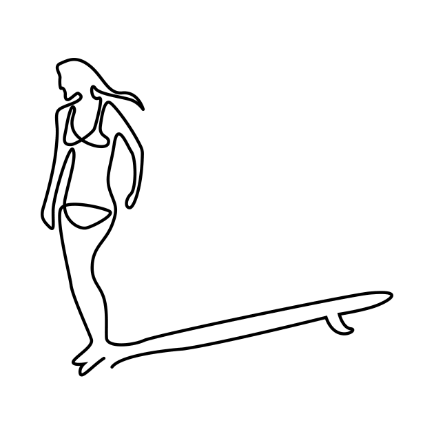 one line surfer girl hanging ten on a longboard by JDP Designs