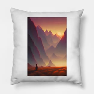 Anime Girl - Mountain Range at Sunset Landscape Pillow