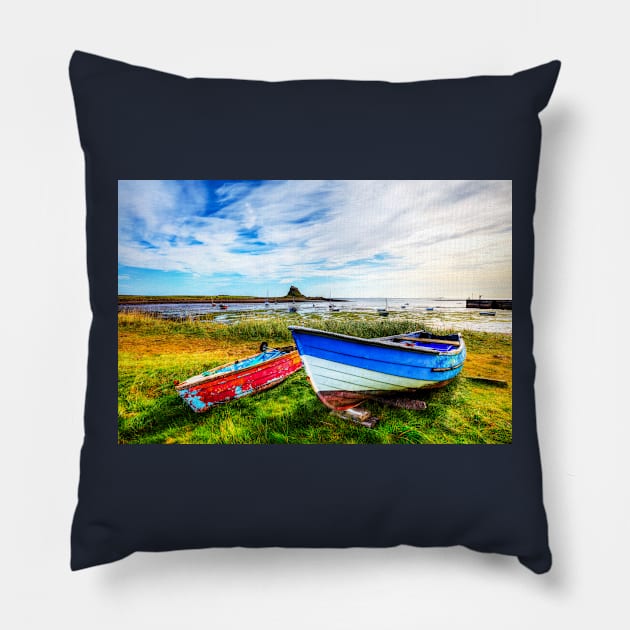 The Holy Island of Lindisfarne Fishing Boats Pillow by tommysphotos