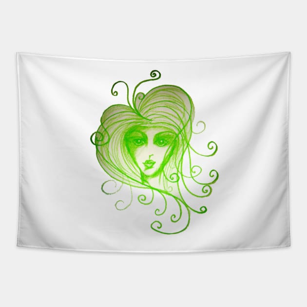 Green Girl with Whispy Hair Tapestry by 1Redbublppasswo