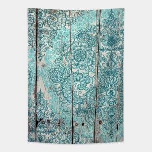 Teal & Aqua Botanical Doodle on Weathered Wood Tapestry