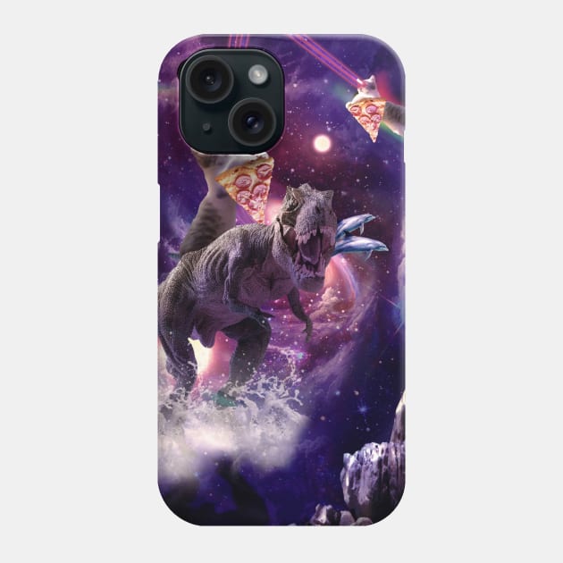 Rainbow Laser Space Cat On Dinosaur Eating Pizza Phone Case by Random Galaxy