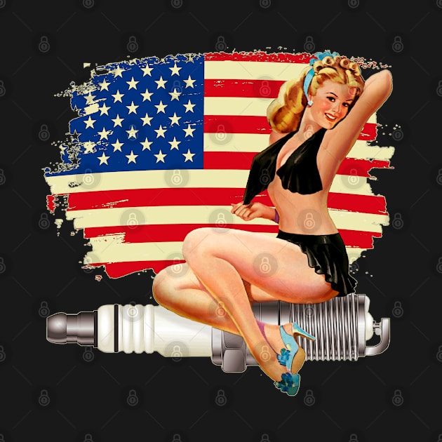 Sexy Pin Up Girl on Spark Plug - American Flag by Wilcox PhotoArt