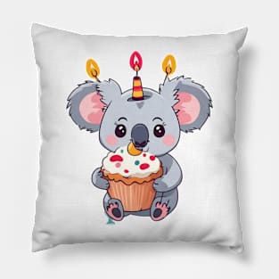 Cute Koala girl holding a birthday muffin with a candle,.Vector flat illustration Pillow