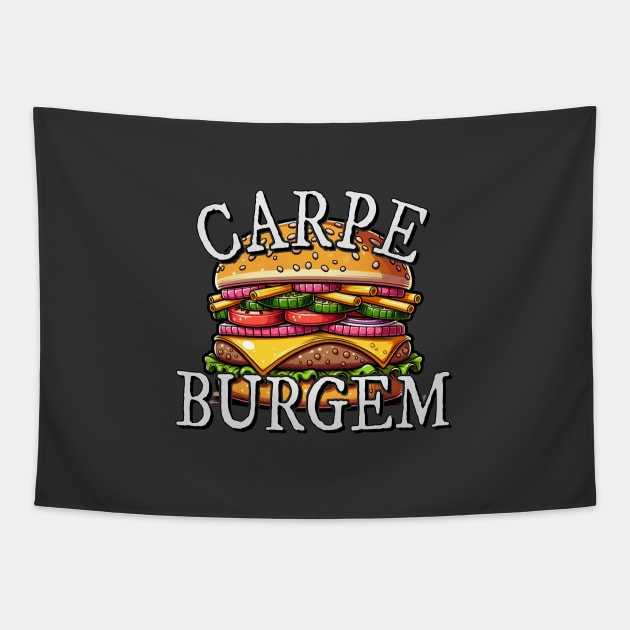 Carpe Burgem!  Burger Pun Cheeseburger Fun Tapestry by SkizzenMonster