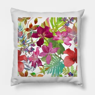 Tropical flowers and leaves watercolor summer botanical illustration. Bauhinia, Hibiscus flowers Monstera, palm leaves. Aquarelle vibrant jungle print. Pillow