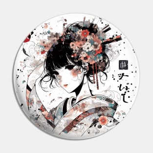 Japanese Beauty in Watercolor: Portrait with Kimono and Flowers Pin