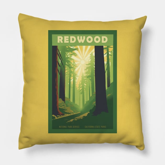 Redwood National Park Vintage Travel Poster Pillow by GreenMary Design