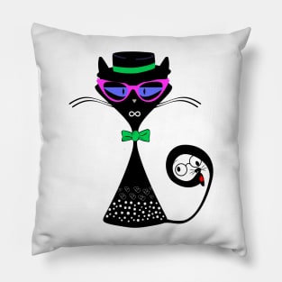 Vintage black cat with a hidden beaver in her tail Pillow