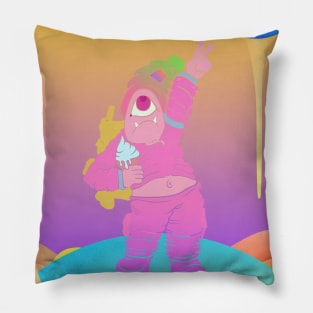 Dope one eye monster character holding an icecream illustration Pillow