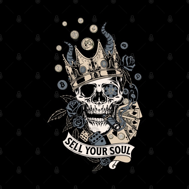 Sell Your Soul! Or don't? A Vintage Smoking Skull with Money, Playing Cards, Dice, Horns, Crown and Roses. by LinoLuno